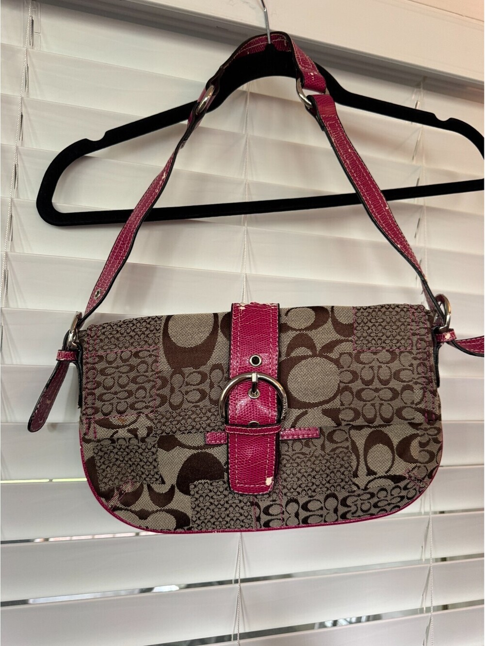 Vintage Coach Soho Buckle Shoulder Bag Pink Khaki Monogram See Peeling Straps